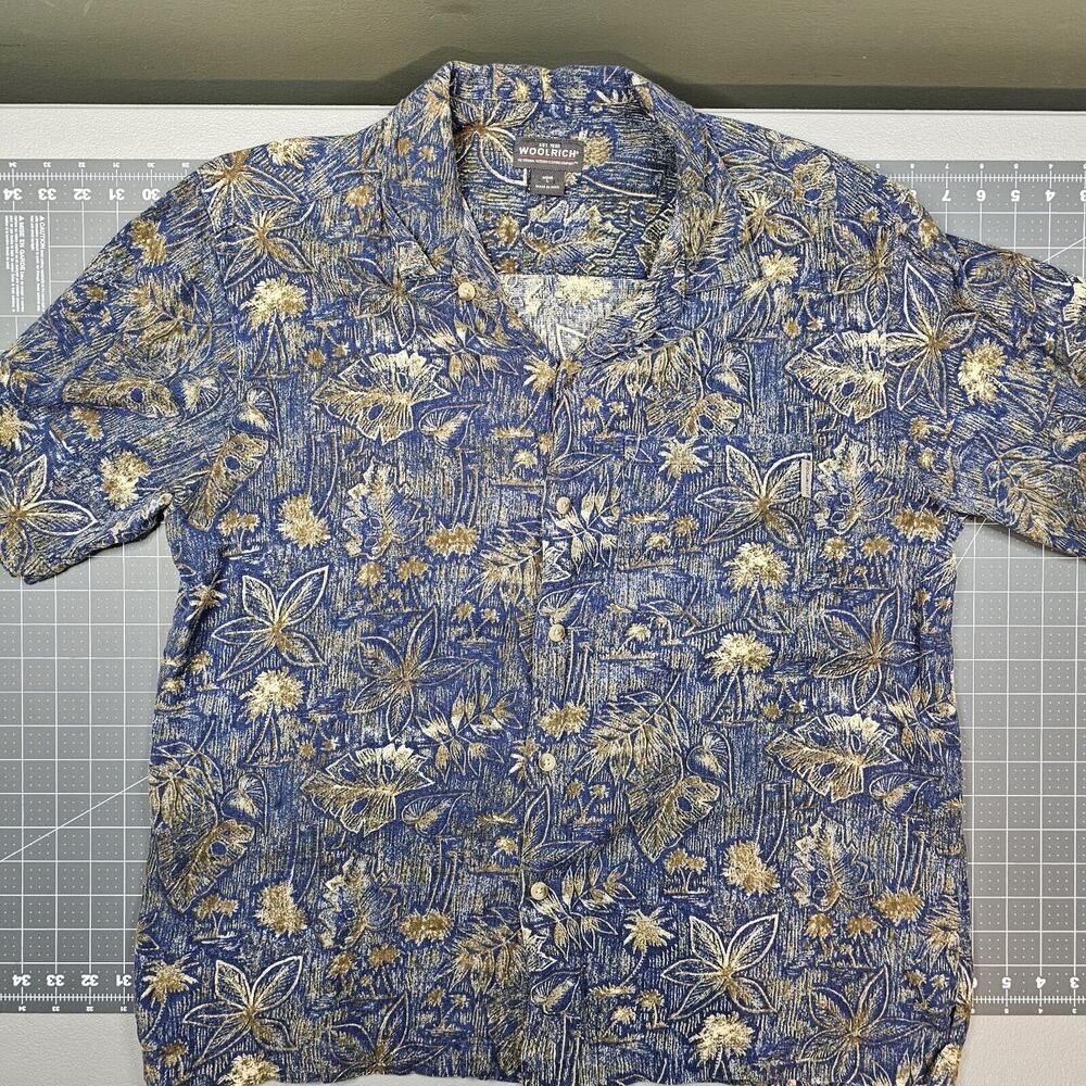 Woolrich Shirt Mens Large Floral Preppy Casual Hawaiian Palm Navy Woodblock